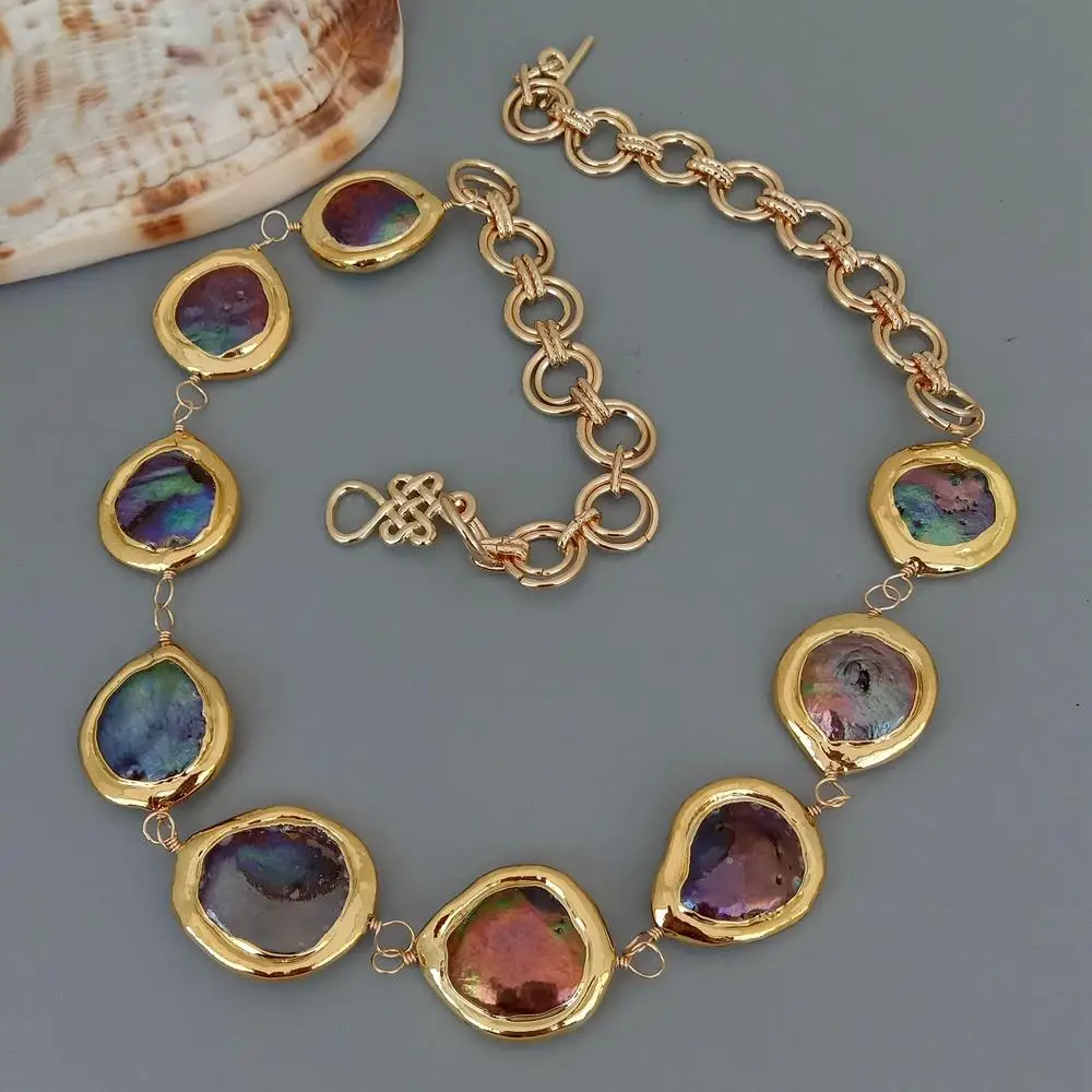 KKGEM Freshwater Cultured Black Pearl Coin Shape Gold Color Plated Wrap Necklace 21"