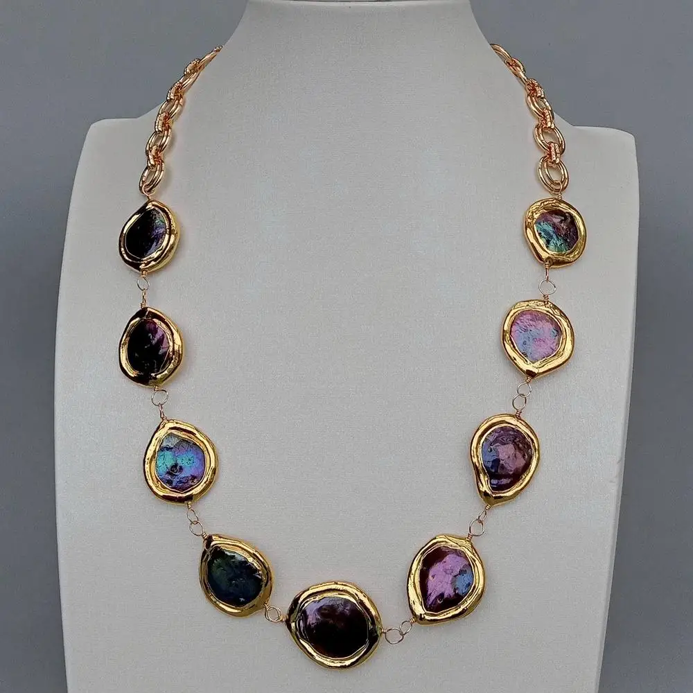 KKGEM Freshwater Cultured Black Pearl Coin Shape Gold Color Plated Wrap Necklace 21"