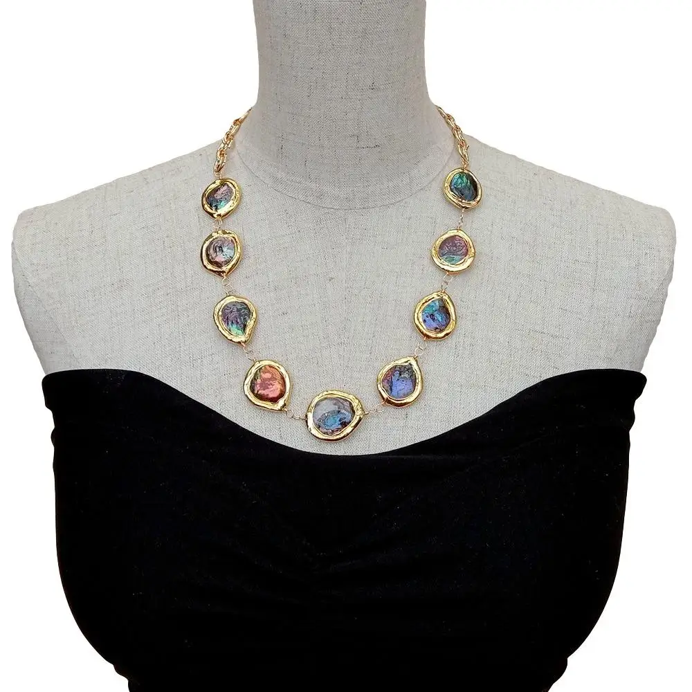 KKGEM Freshwater Cultured Black Pearl Coin Shape Gold Color Plated Wrap Necklace 21"