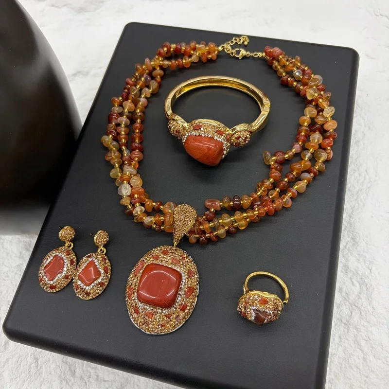 Vintage 4pcs Necklace Earring Ring Bracelet Crystal Stone Jewelry Sets for Women Natural Amethyst Tigers Eye Statement Jewelrys