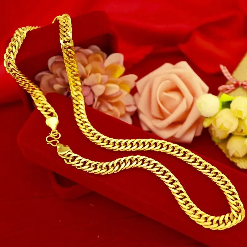 18K Gold Color Real Gold Plated Necklace Golden Necklace Domineering Fashion Trendy 24K 999 Men's Gilding Necklace Pendant Gifts