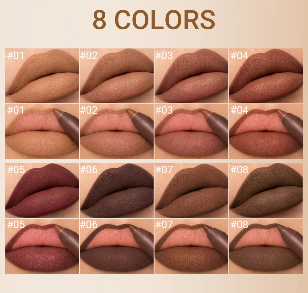 Matte Soft Mist Lip Liner Lipsticks 8 Colors Smooth and Pigmented Non-Stick Chocolate Lipsticks