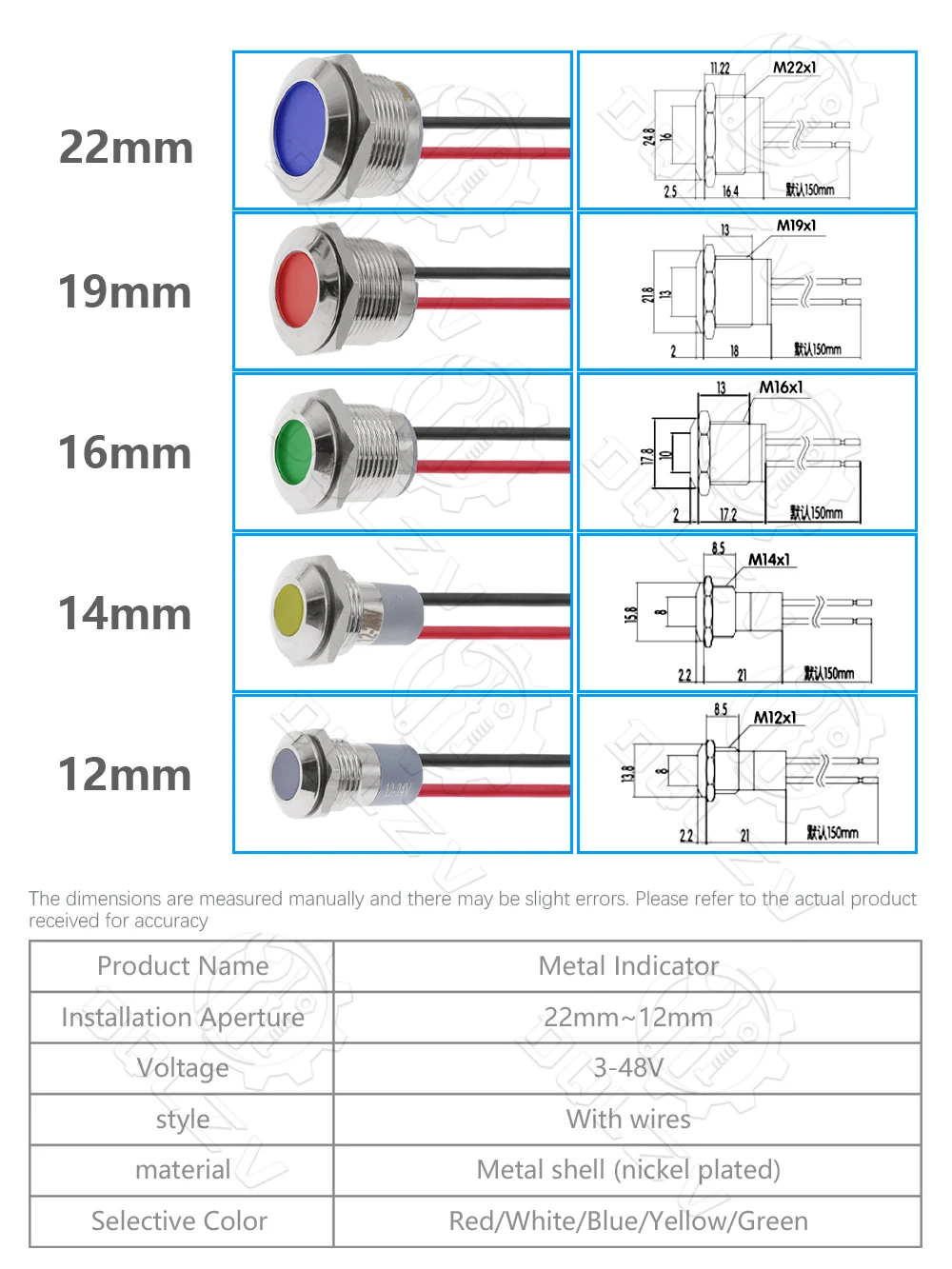 6mm 8mm 10mm 12mm 14mm 16mm 19mm 22mmWaterproof IP67 Metal LED Warning Indicator Light Signal Lamp Pilot Wire 3V 12V 24V 48V