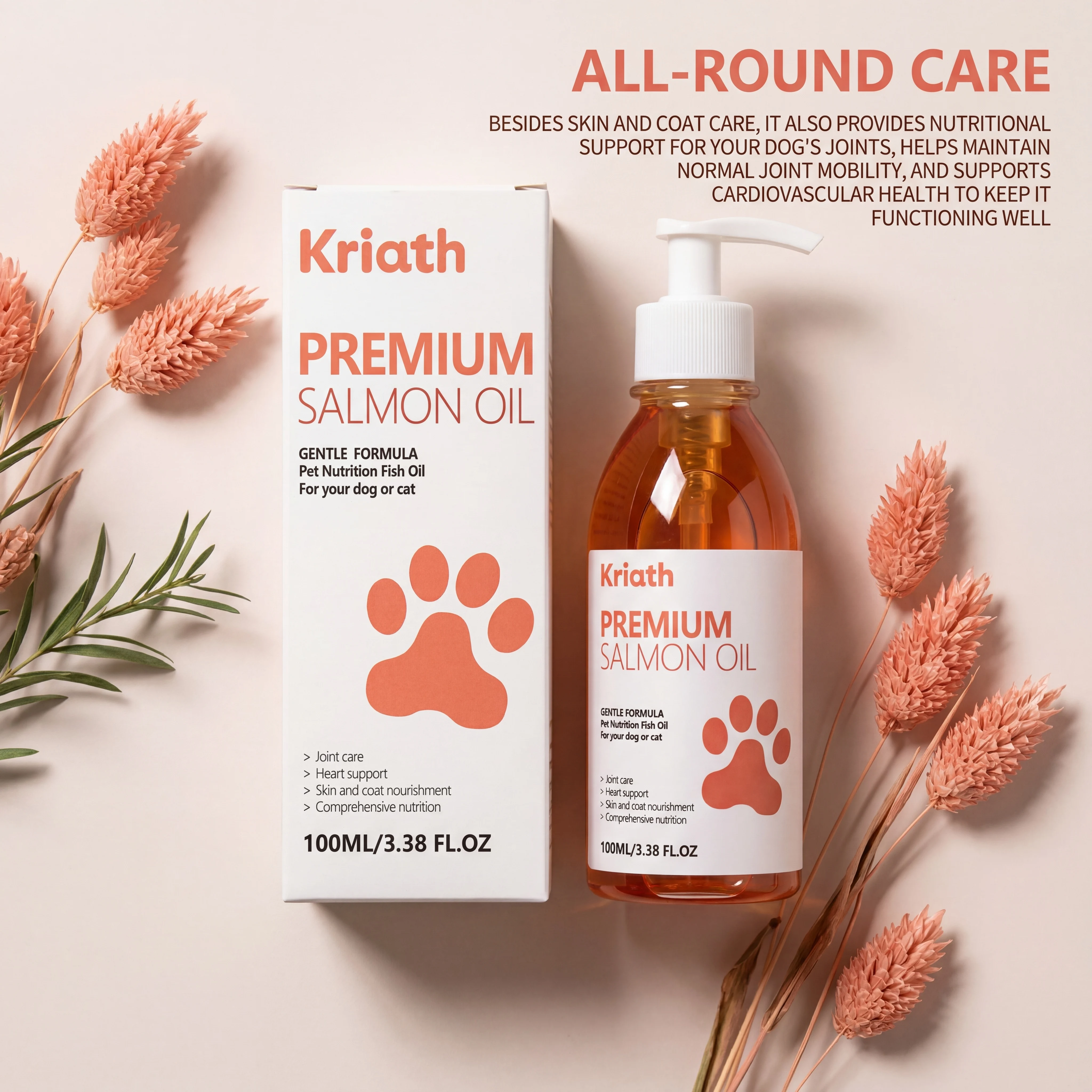 Pure Salmon Oil for Dogs Cats Omega Supplement Skin Coat Shiny Fur Joint Heart Immune Support Pet Fish Oil Vitamin E Pump Bottle