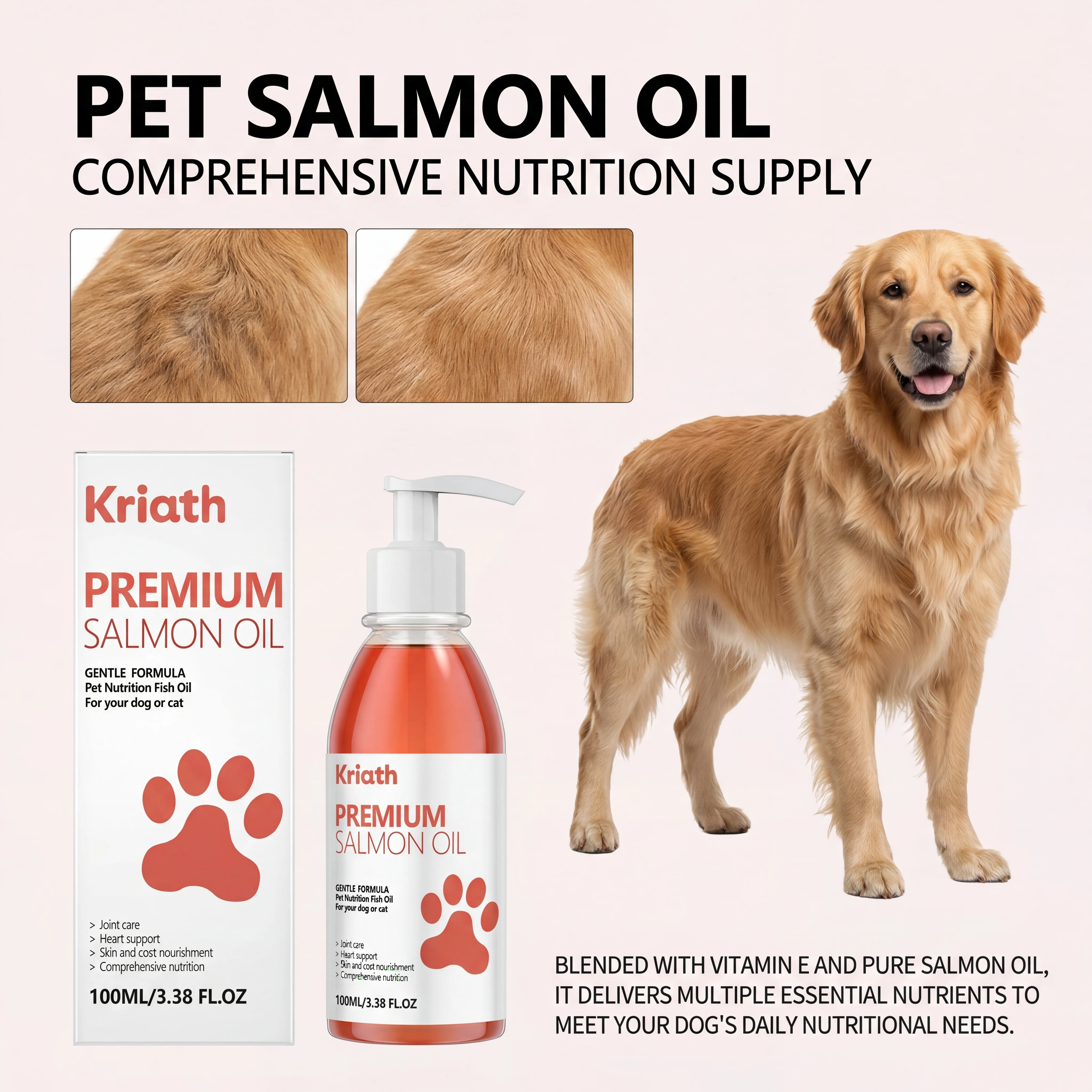 Pure Salmon Oil for Dogs Cats Omega Supplement Skin Coat Shiny Fur Joint Heart Immune Support Pet Fish Oil Vitamin E Pump Bottle