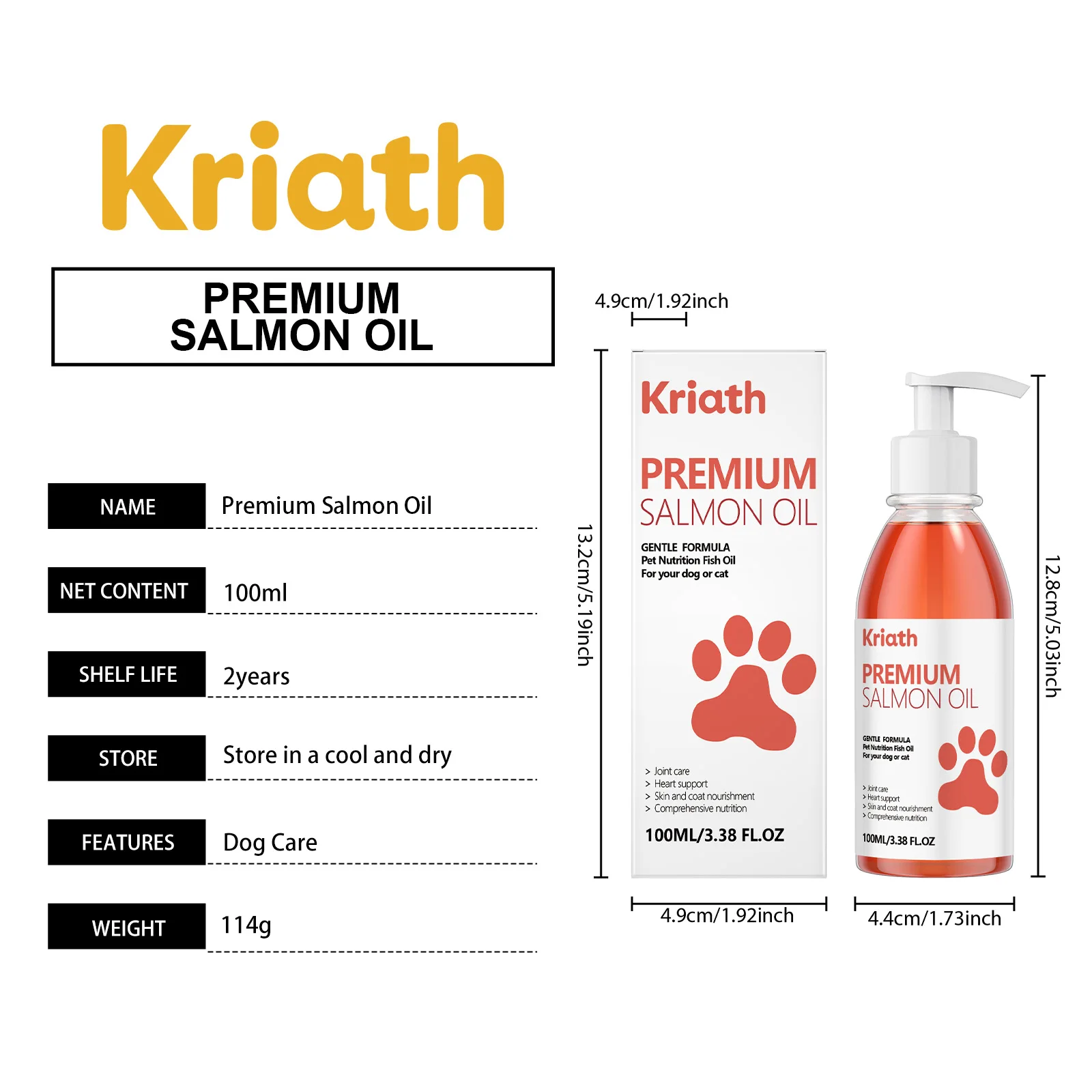 Pure Salmon Oil for Dogs Cats Omega Supplement Skin Coat Shiny Fur Joint Heart Immune Support Pet Fish Oil Vitamin E Pump Bottle