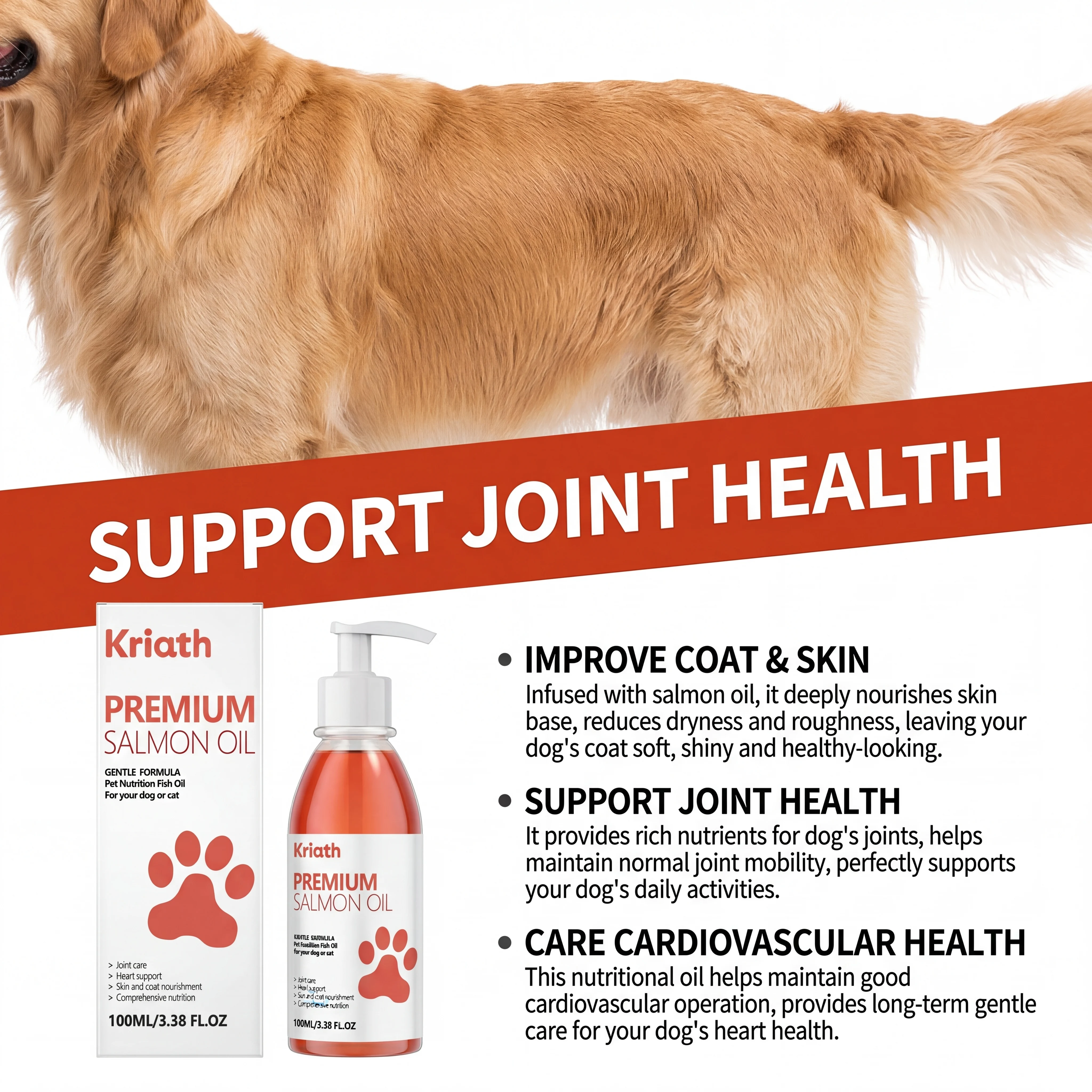 Pure Salmon Oil for Dogs Cats Omega Supplement Skin Coat Shiny Fur Joint Heart Immune Support Pet Fish Oil Vitamin E Pump Bottle