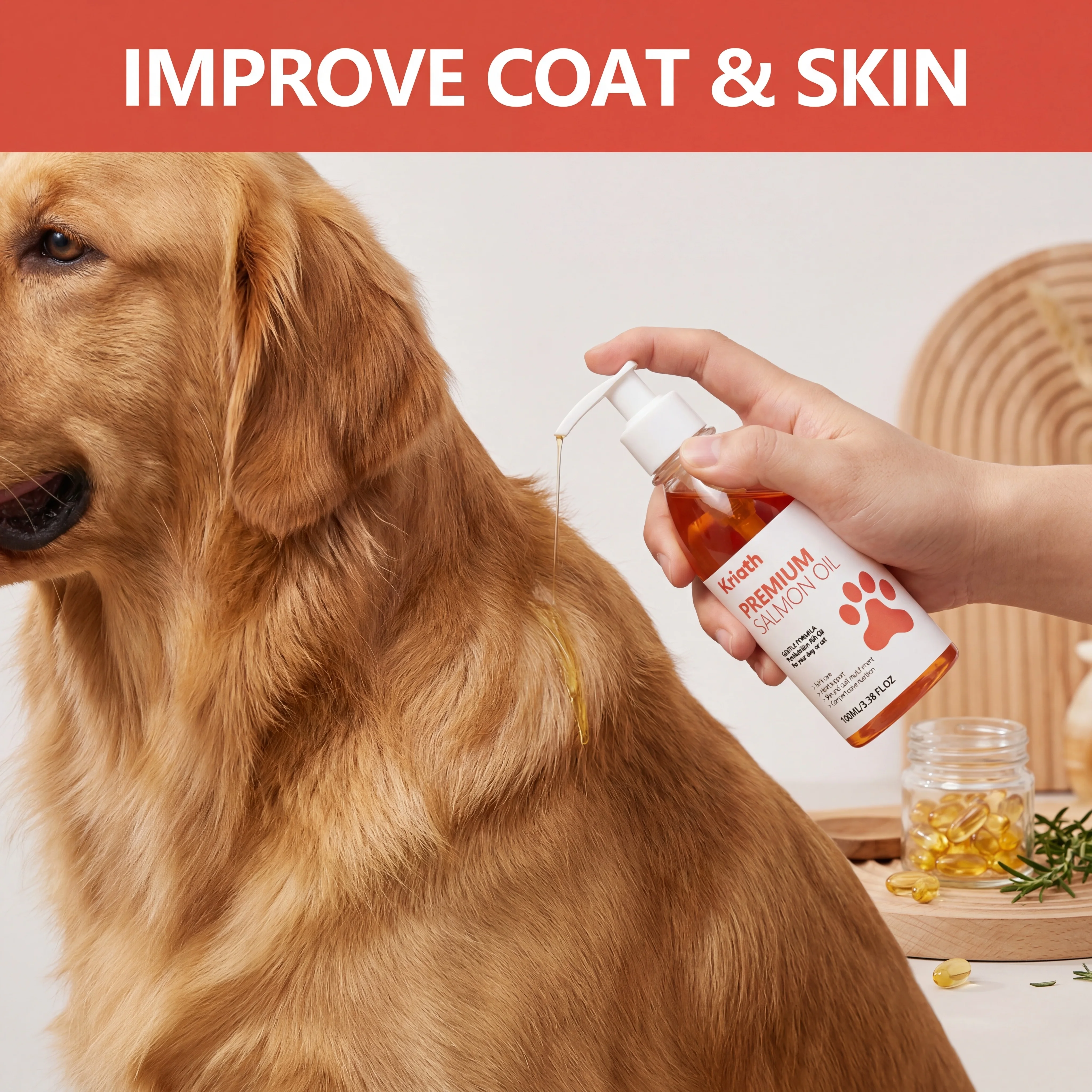 Pure Salmon Oil for Dogs Cats Omega Supplement Skin Coat Shiny Fur Joint Heart Immune Support Pet Fish Oil Vitamin E Pump Bottle