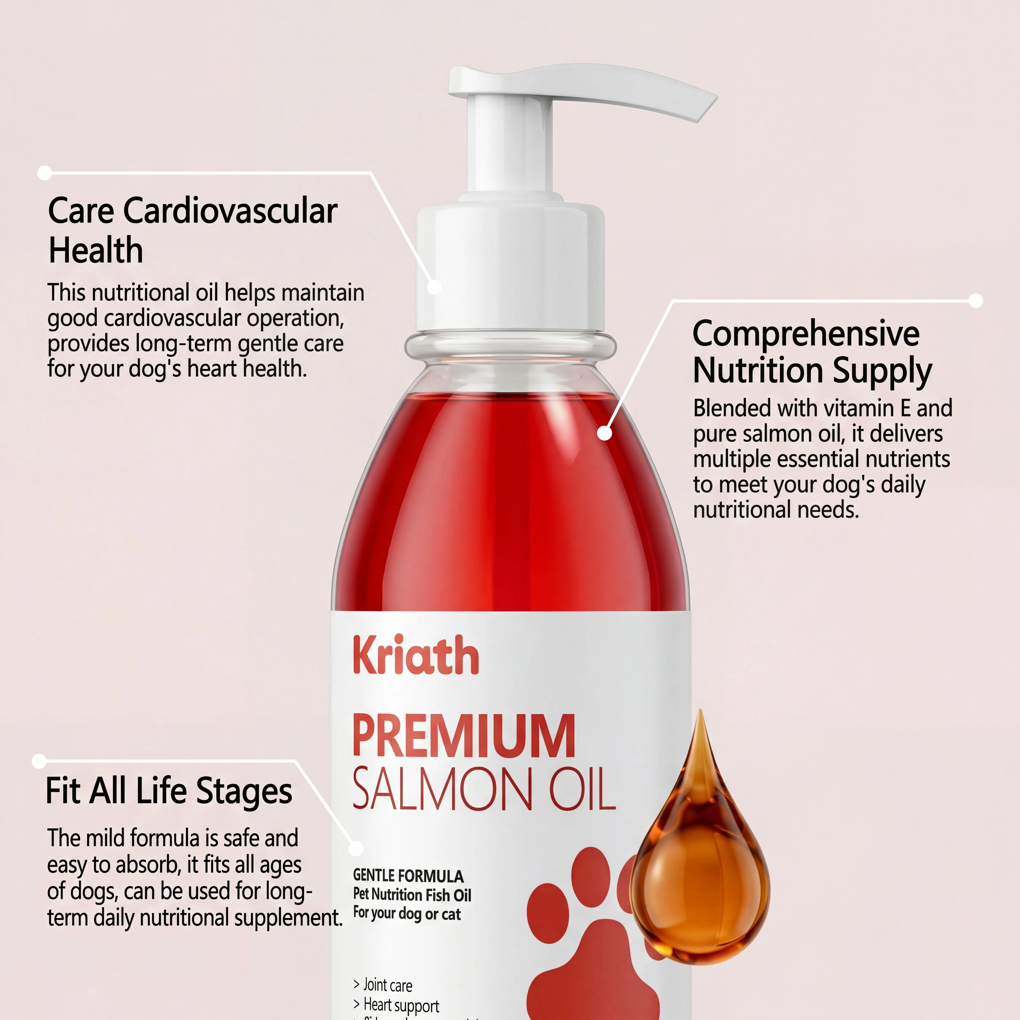 Pure Salmon Oil for Dogs Cats Omega Supplement Skin Coat Shiny Fur Joint Heart Immune Support Pet Fish Oil Vitamin E Pump Bottle
