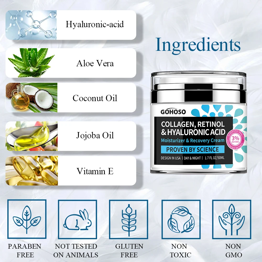 ENVISHA Skin Care Collagen Retinol Hyaluronic Acid Face Cream Firming Whitening Anti-Aging Wrinkle Moisturizing Hydrating