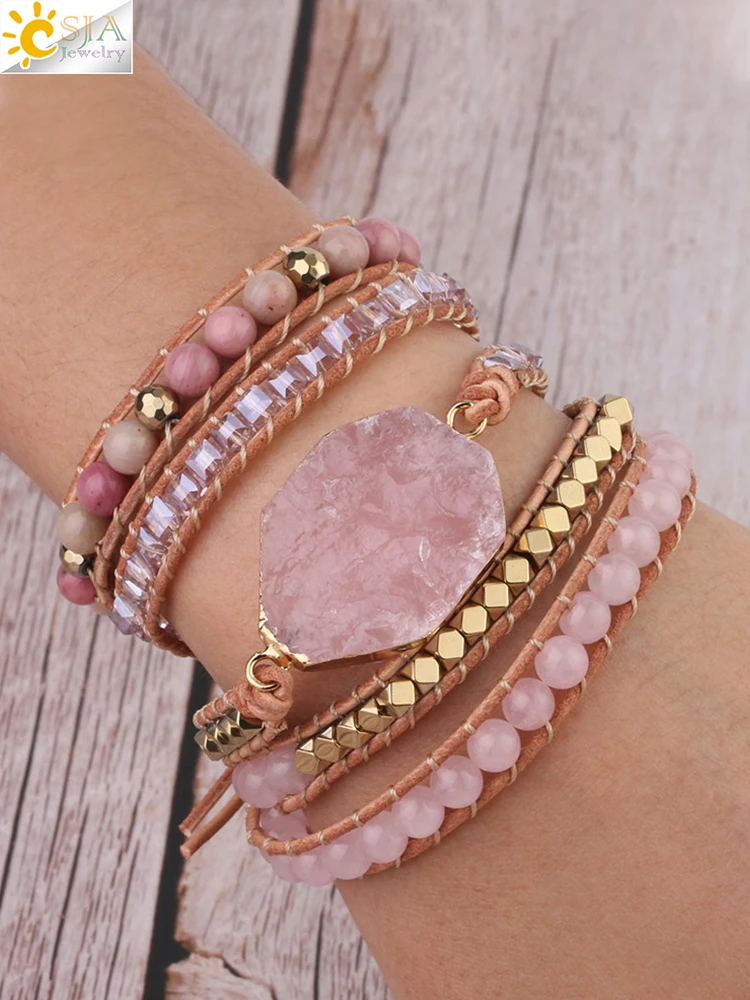 Bohemain Women Leather Bracelet Gem Stone Pink Crystal Vintage Weaving Statement Fancy Girl Bracelet Bijoux Dropshipping S308