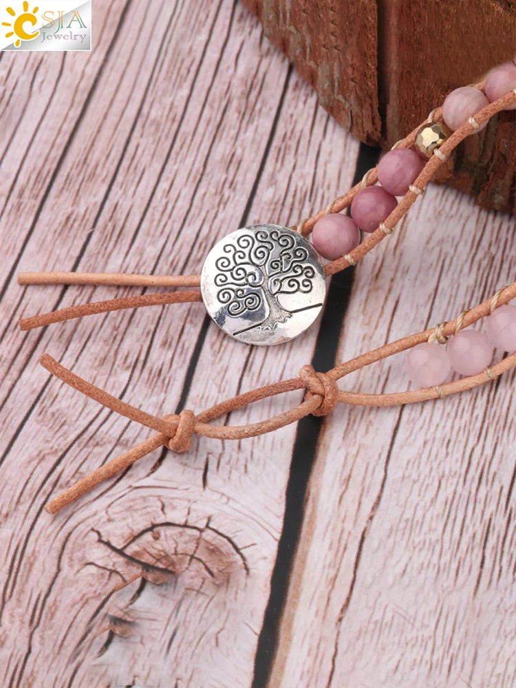 Bohemain Women Leather Bracelet Gem Stone Pink Crystal Vintage Weaving Statement Fancy Girl Bracelet Bijoux Dropshipping S308