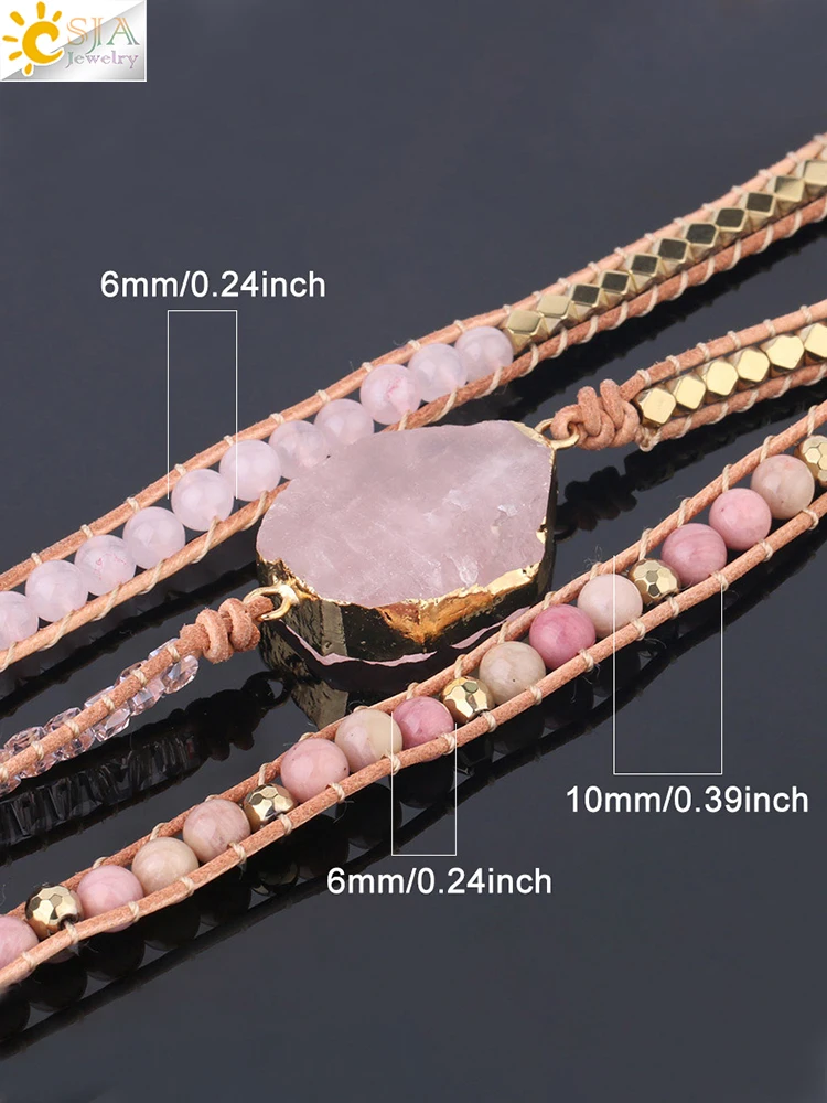 Bohemain Women Leather Bracelet Gem Stone Pink Crystal Vintage Weaving Statement Fancy Girl Bracelet Bijoux Dropshipping S308