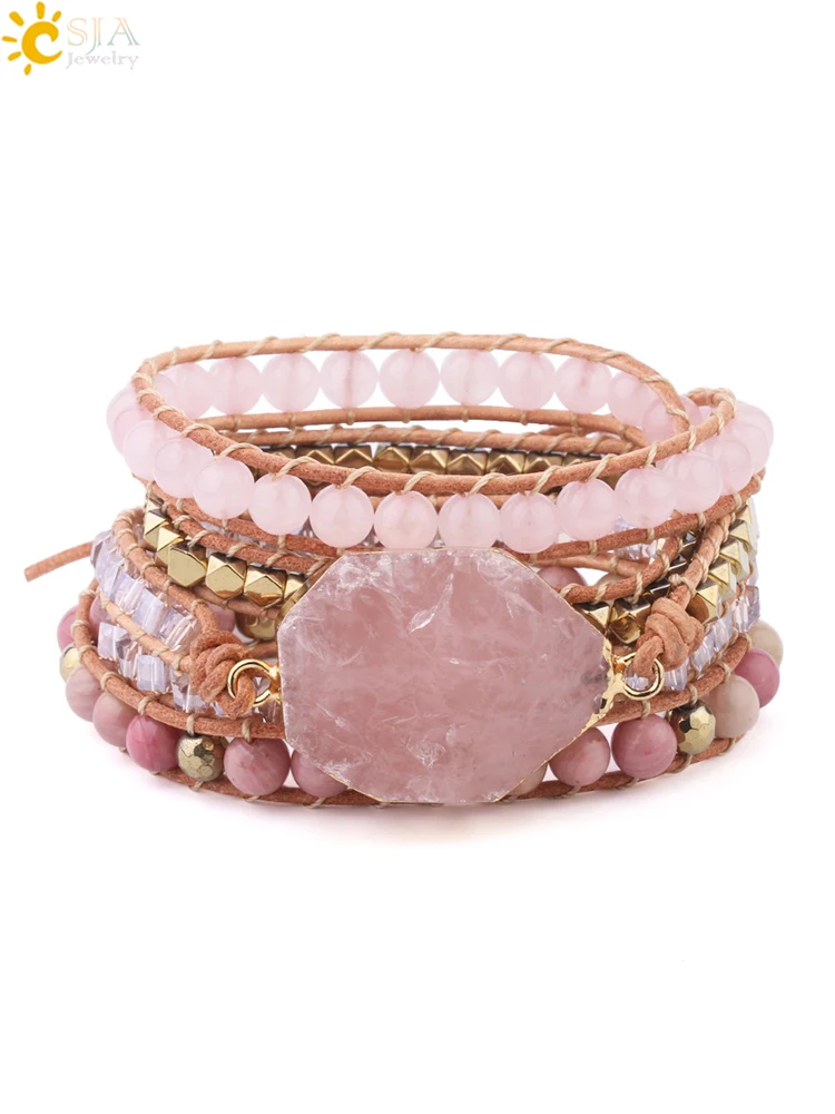 Bohemain Women Leather Bracelet Gem Stone Pink Crystal Vintage Weaving Statement Fancy Girl Bracelet Bijoux Dropshipping S308