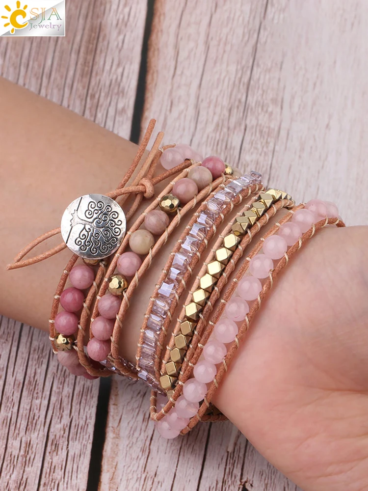 Bohemain Women Leather Bracelet Gem Stone Pink Crystal Vintage Weaving Statement Fancy Girl Bracelet Bijoux Dropshipping S308