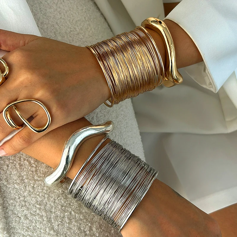 Vintage Punk Layered Wide Wire Cuff Bangle Bracelets for Women Exaggerated Gold Silver Color Metal Bangle Female Trendy Jewelry