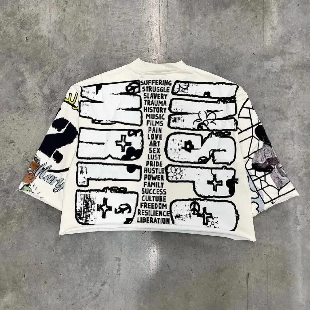 Y2K T Shirt Mid Long Sleeve Men Women Punk Hip Hop Graffiti Style Graphic Printed Oversized T Shirt Harajuku Loose Short Sleeved