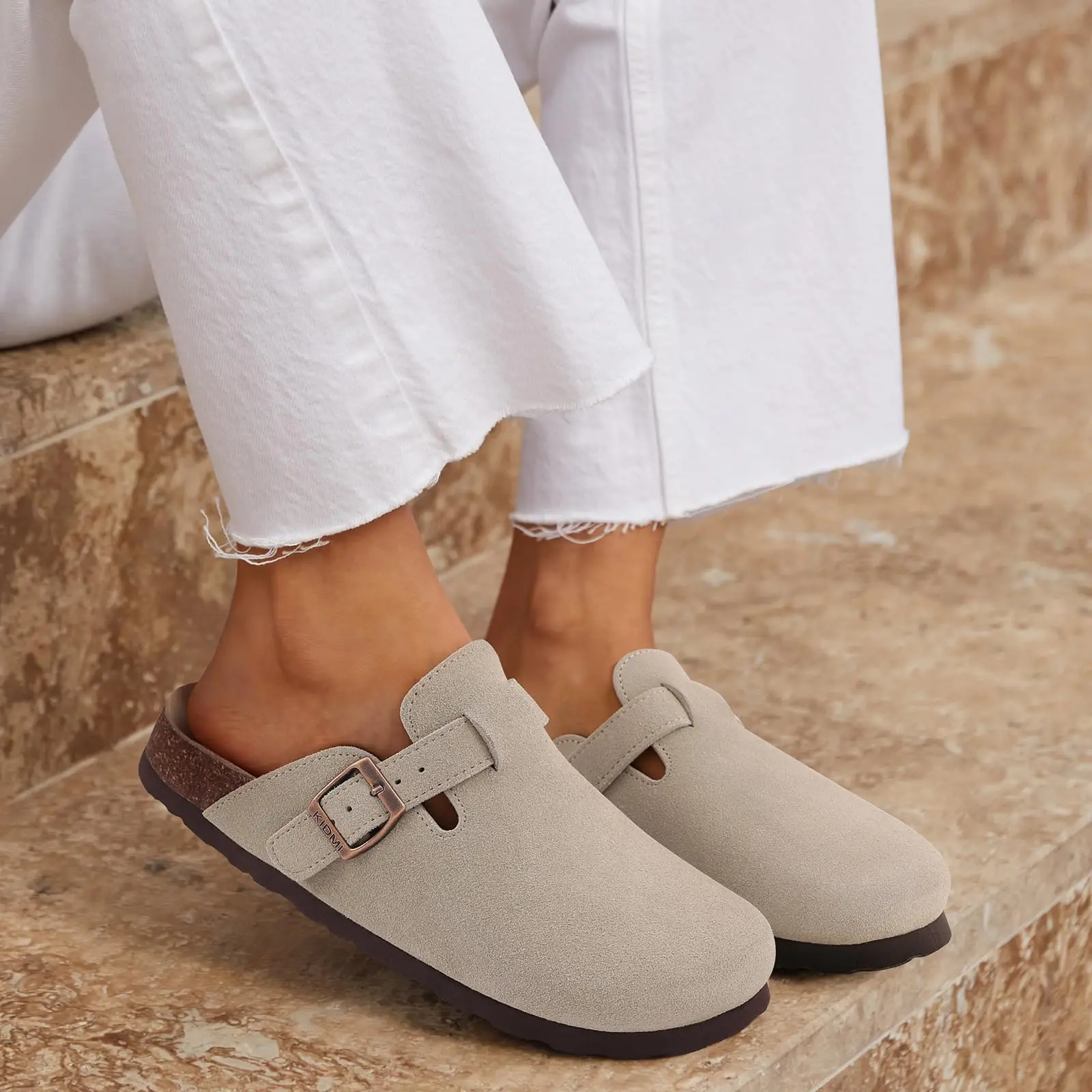 Kidmi New Faux Suede Clogs for Women Men Clogs Soft Cork Footbed Mules Comfort Potato Shoes with Arch Support Beach Sandals