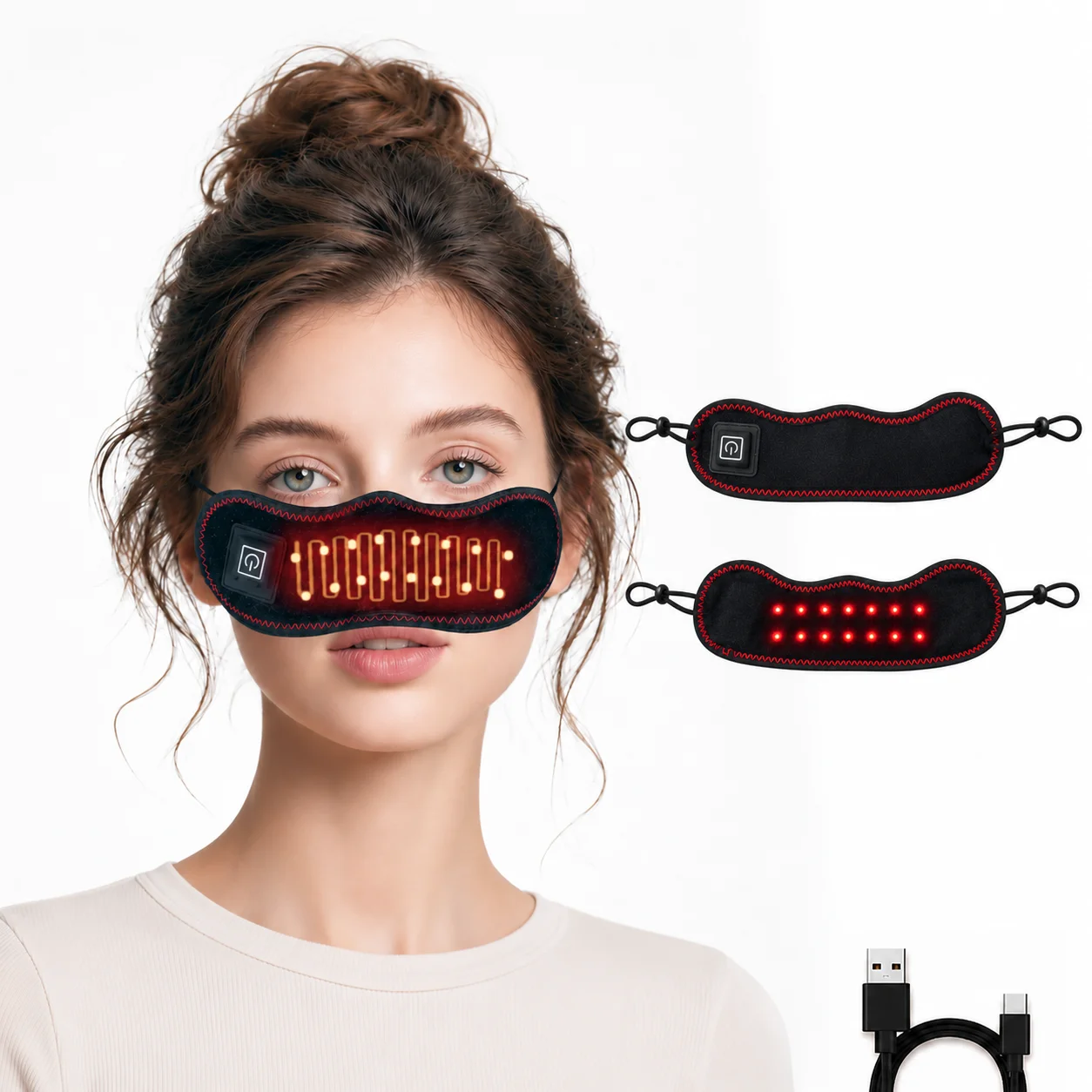 Heated Nose Wrap Red Light Nose Warmer Rechargeable 3 Heat Levels Adjustable Ear Loops Soft Plush Lining Portable Heating Mask