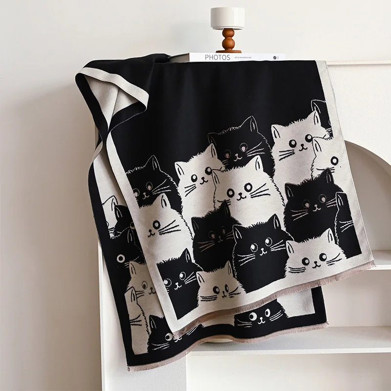 New Fashion Brand Cute Cat Ladies' Jacquard Pashmina Cashmere Scarf Winter Thick Warmth Shawl Coldproof Windproof Blanket Scarf