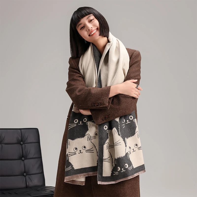 New Fashion Brand Cute Cat Ladies' Jacquard Pashmina Cashmere Scarf Winter Thick Warmth Shawl Coldproof Windproof Blanket Scarf