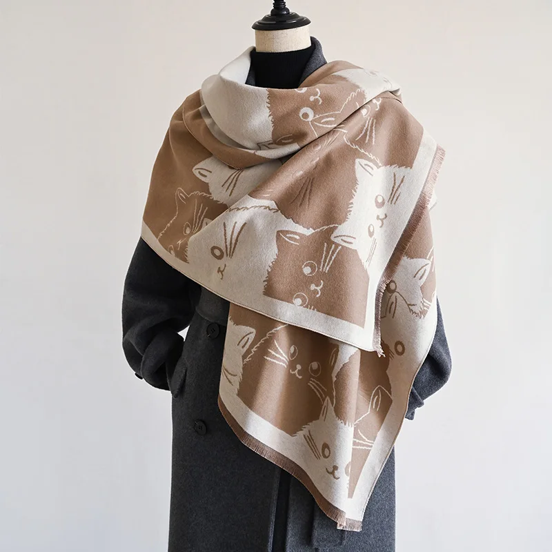 New Fashion Brand Cute Cat Ladies' Jacquard Pashmina Cashmere Scarf Winter Thick Warmth Shawl Coldproof Windproof Blanket Scarf