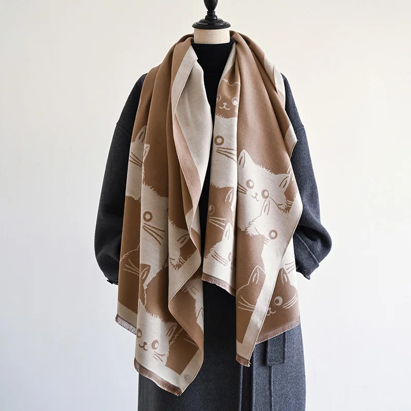 New Fashion Brand Cute Cat Ladies' Jacquard Pashmina Cashmere Scarf Winter Thick Warmth Shawl Coldproof Windproof Blanket Scarf