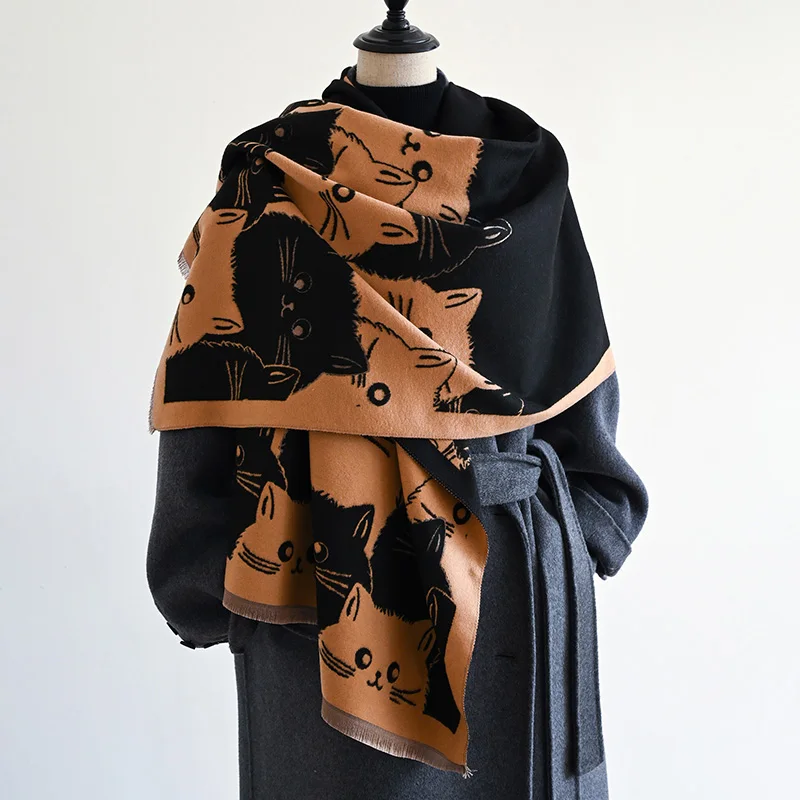New Fashion Brand Cute Cat Ladies' Jacquard Pashmina Cashmere Scarf Winter Thick Warmth Shawl Coldproof Windproof Blanket Scarf