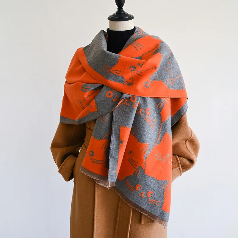 New Fashion Brand Cute Cat Ladies' Jacquard Pashmina Cashmere Scarf Winter Thick Warmth Shawl Coldproof Windproof Blanket Scarf