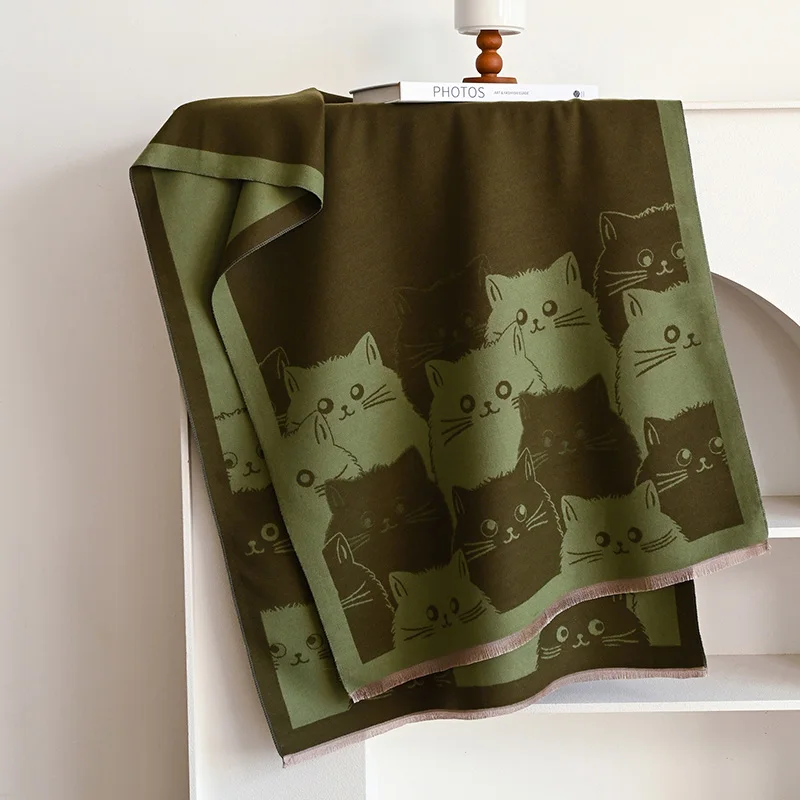 New Fashion Brand Cute Cat Ladies' Jacquard Pashmina Cashmere Scarf Winter Thick Warmth Shawl Coldproof Windproof Blanket Scarf