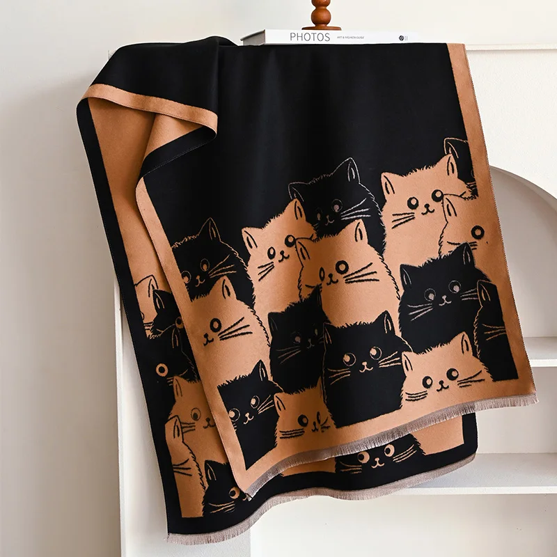 New Fashion Brand Cute Cat Ladies' Jacquard Pashmina Cashmere Scarf Winter Thick Warmth Shawl Coldproof Windproof Blanket Scarf