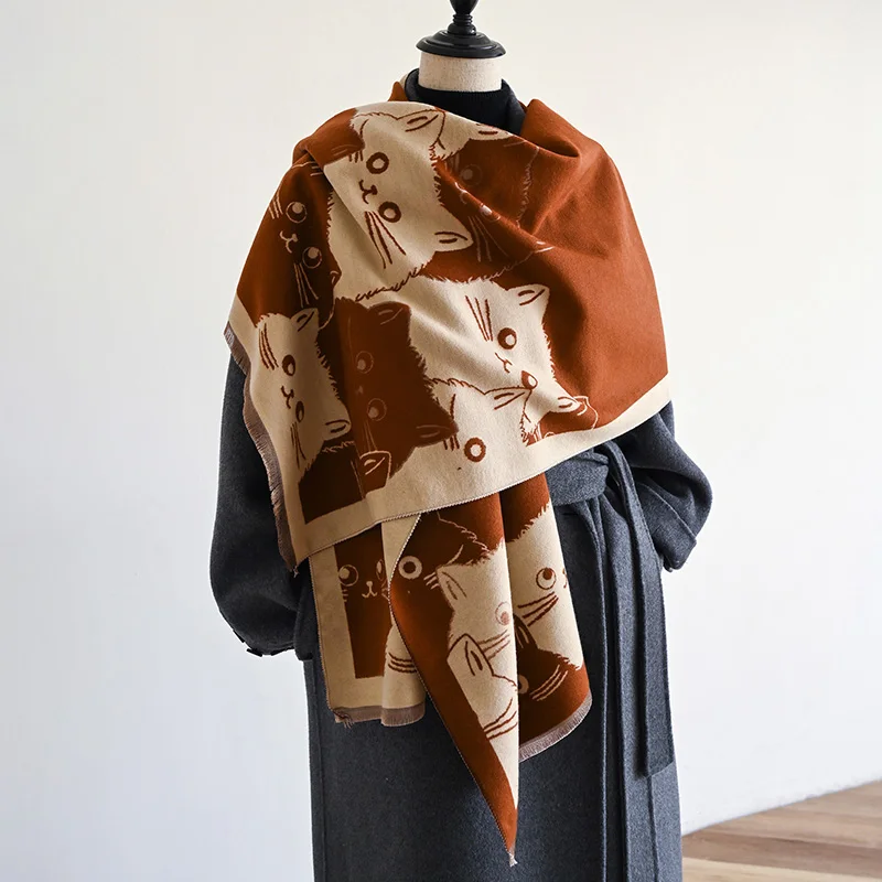 New Fashion Brand Cute Cat Ladies' Jacquard Pashmina Cashmere Scarf Winter Thick Warmth Shawl Coldproof Windproof Blanket Scarf
