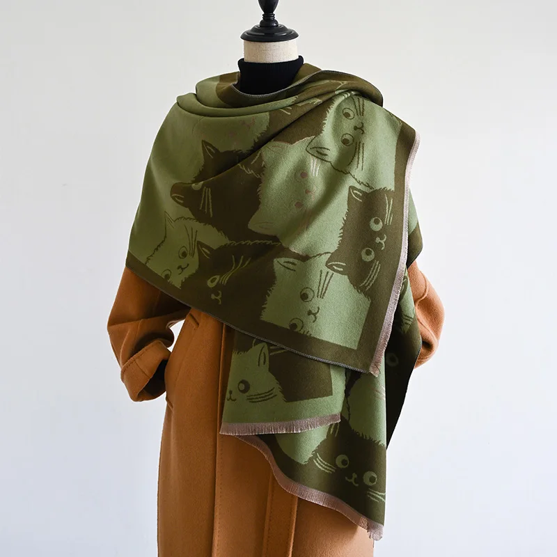 New Fashion Brand Cute Cat Ladies' Jacquard Pashmina Cashmere Scarf Winter Thick Warmth Shawl Coldproof Windproof Blanket Scarf
