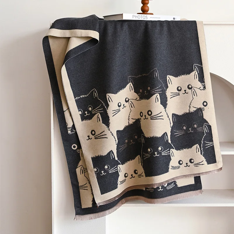 New Fashion Brand Cute Cat Ladies' Jacquard Pashmina Cashmere Scarf Winter Thick Warmth Shawl Coldproof Windproof Blanket Scarf