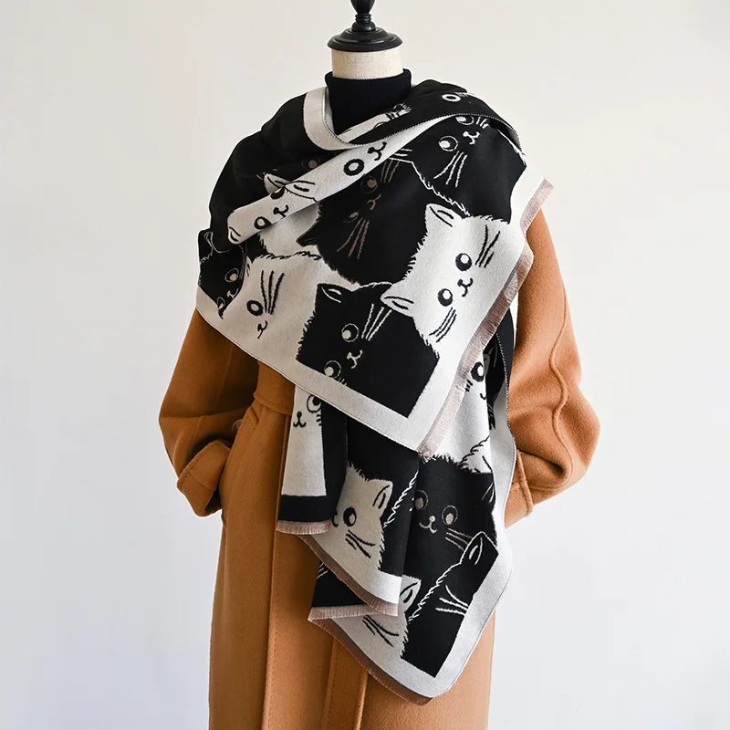 New Fashion Brand Cute Cat Ladies' Jacquard Pashmina Cashmere Scarf Winter Thick Warmth Shawl Coldproof Windproof Blanket Scarf
