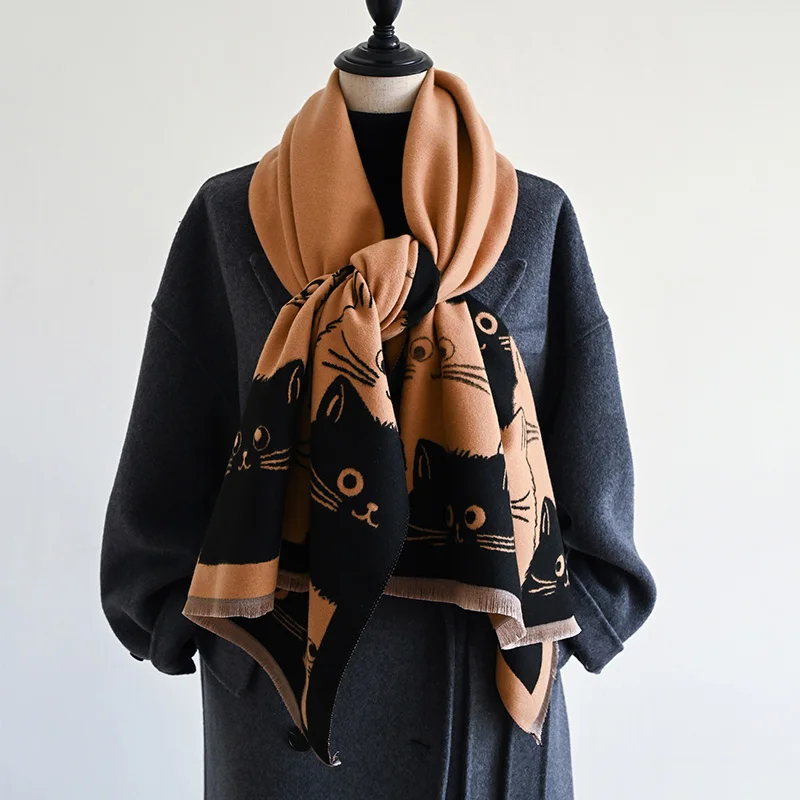New Fashion Brand Cute Cat Ladies' Jacquard Pashmina Cashmere Scarf Winter Thick Warmth Shawl Coldproof Windproof Blanket Scarf