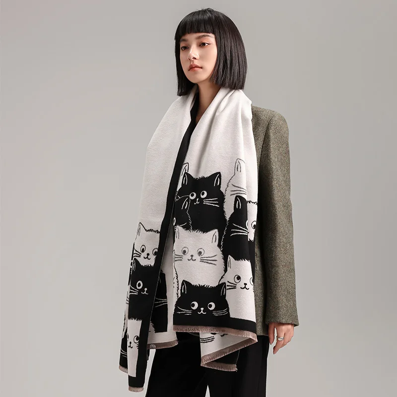 New Fashion Brand Cute Cat Ladies' Jacquard Pashmina Cashmere Scarf Winter Thick Warmth Shawl Coldproof Windproof Blanket Scarf