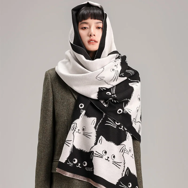 New Fashion Brand Cute Cat Ladies' Jacquard Pashmina Cashmere Scarf Winter Thick Warmth Shawl Coldproof Windproof Blanket Scarf