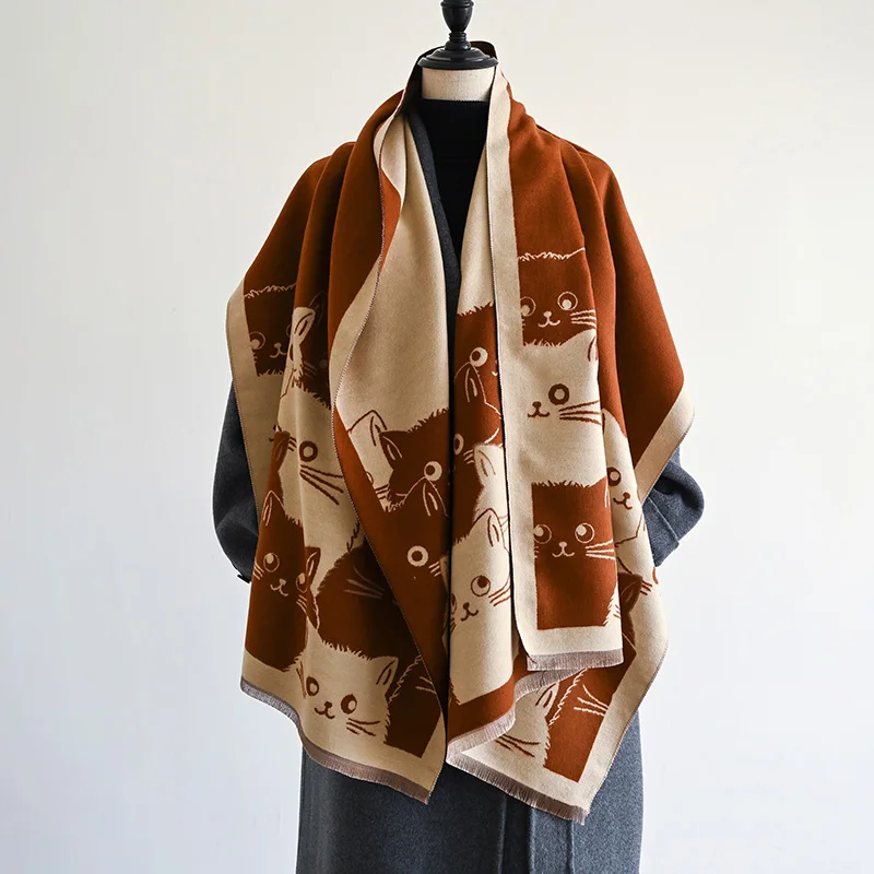 New Fashion Brand Cute Cat Ladies' Jacquard Pashmina Cashmere Scarf Winter Thick Warmth Shawl Coldproof Windproof Blanket Scarf