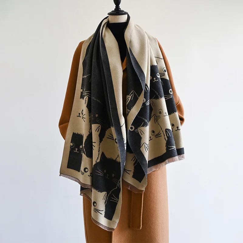 New Fashion Brand Cute Cat Ladies' Jacquard Pashmina Cashmere Scarf Winter Thick Warmth Shawl Coldproof Windproof Blanket Scarf