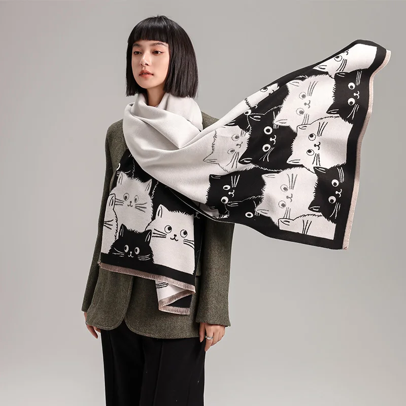 New Fashion Brand Cute Cat Ladies' Jacquard Pashmina Cashmere Scarf Winter Thick Warmth Shawl Coldproof Windproof Blanket Scarf