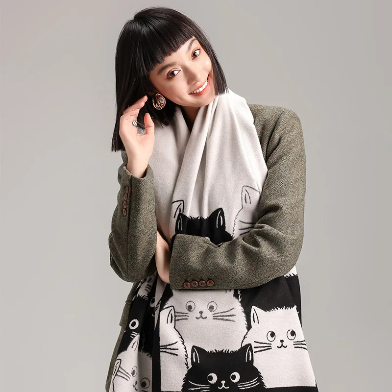 New Fashion Brand Cute Cat Ladies' Jacquard Pashmina Cashmere Scarf Winter Thick Warmth Shawl Coldproof Windproof Blanket Scarf