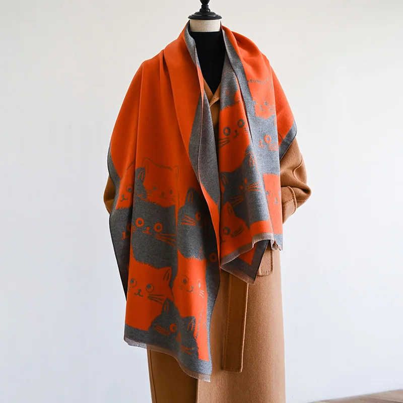 New Fashion Brand Cute Cat Ladies' Jacquard Pashmina Cashmere Scarf Winter Thick Warmth Shawl Coldproof Windproof Blanket Scarf