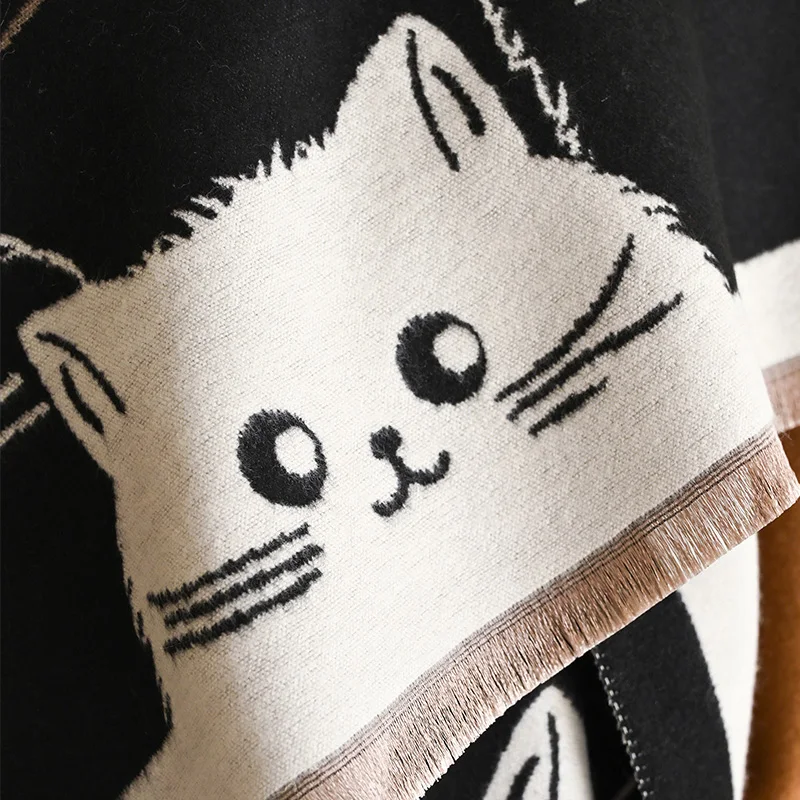 New Fashion Brand Cute Cat Ladies' Jacquard Pashmina Cashmere Scarf Winter Thick Warmth Shawl Coldproof Windproof Blanket Scarf