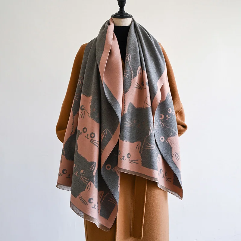 New Fashion Brand Cute Cat Ladies' Jacquard Pashmina Cashmere Scarf Winter Thick Warmth Shawl Coldproof Windproof Blanket Scarf