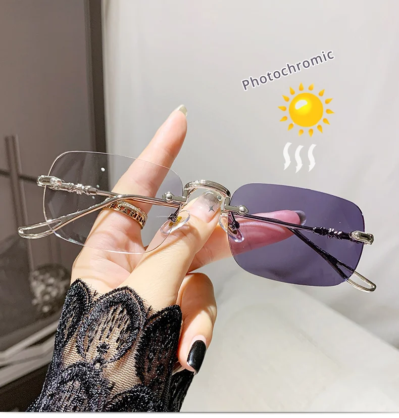 Luxury Photochromic Sunglasses Women Prescription Glasses Graduated Lenses Minus Anti Blue Computer Glasses Transparent Rimless