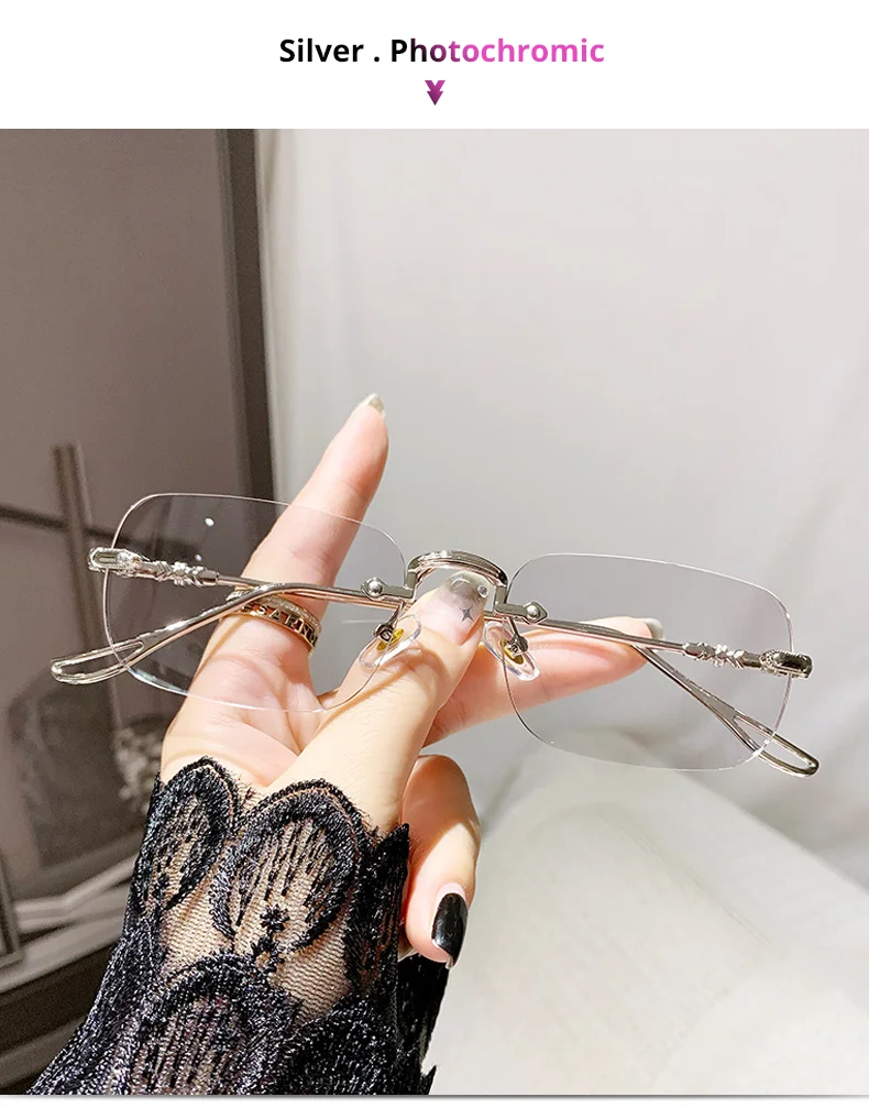 Luxury Photochromic Sunglasses Women Prescription Glasses Graduated Lenses Minus Anti Blue Computer Glasses Transparent Rimless