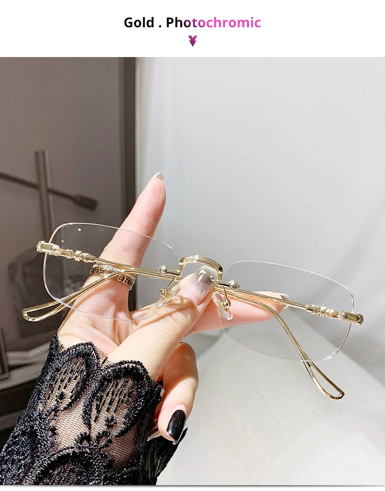 Luxury Photochromic Sunglasses Women Prescription Glasses Graduated Lenses Minus Anti Blue Computer Glasses Transparent Rimless