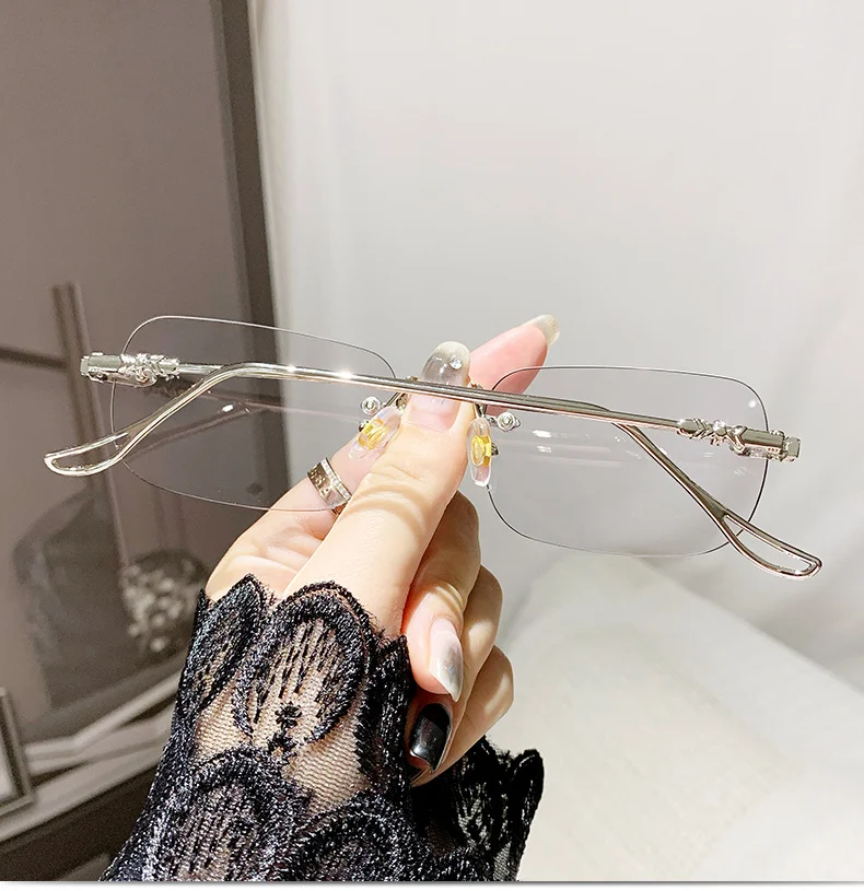 Luxury Photochromic Sunglasses Women Prescription Glasses Graduated Lenses Minus Anti Blue Computer Glasses Transparent Rimless