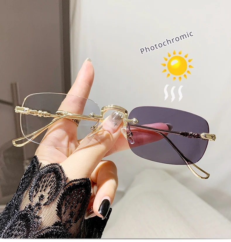 Luxury Photochromic Sunglasses Women Prescription Glasses Graduated Lenses Minus Anti Blue Computer Glasses Transparent Rimless